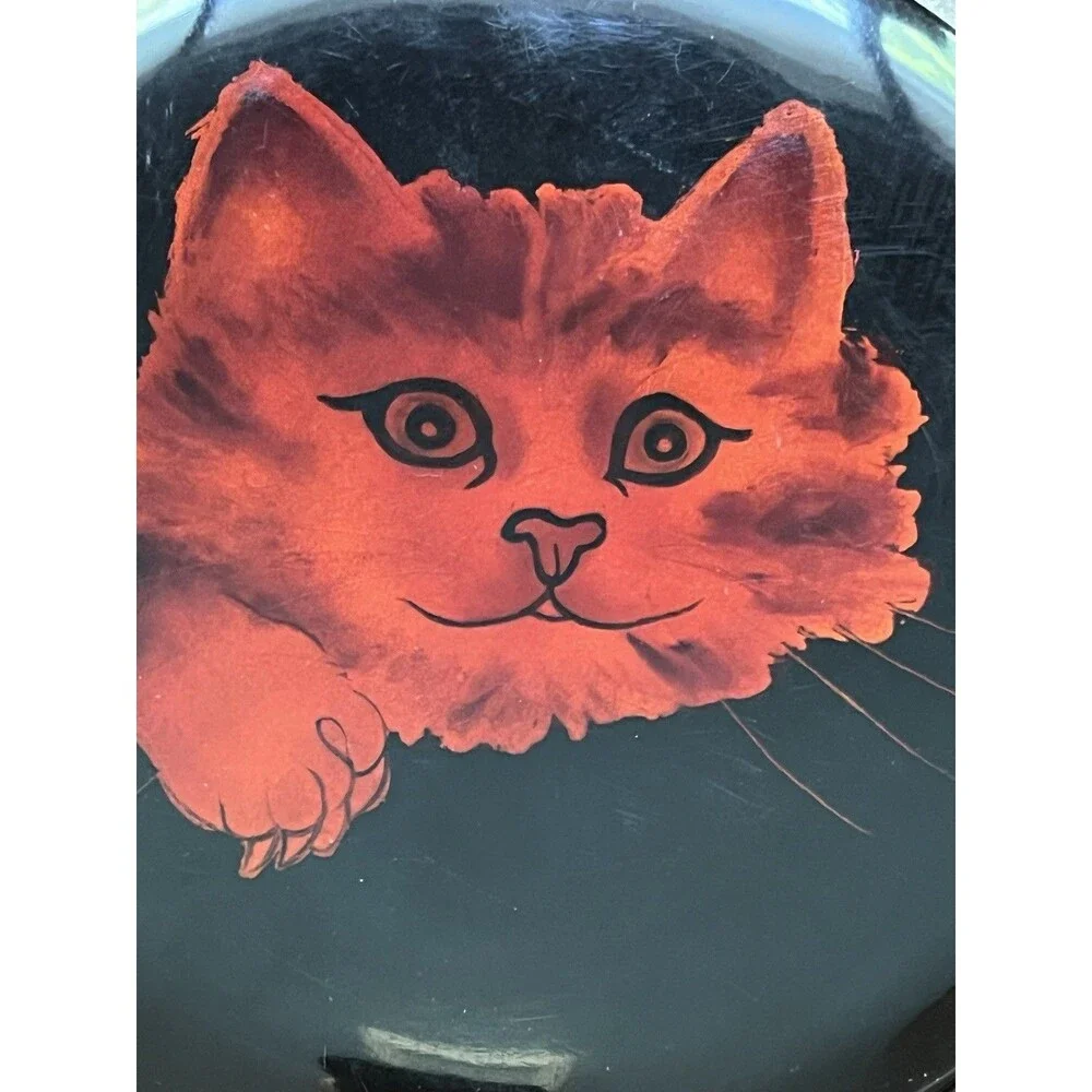 Vintage Wood Black Lacquer Set of 3 Large Cat Trinket Boxes Handpainted